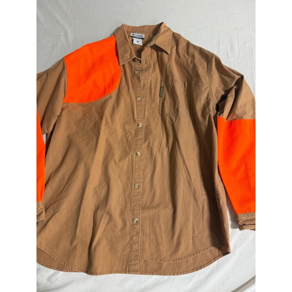 Columbia Sportswear Mens XL Shooting Shirt Blaze Orange Hunting Tan Canvas L/S